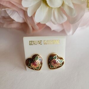 Cloisonne Earrings Heart Flower Brown Pink Green Goldtone Post Pierce Jewelry